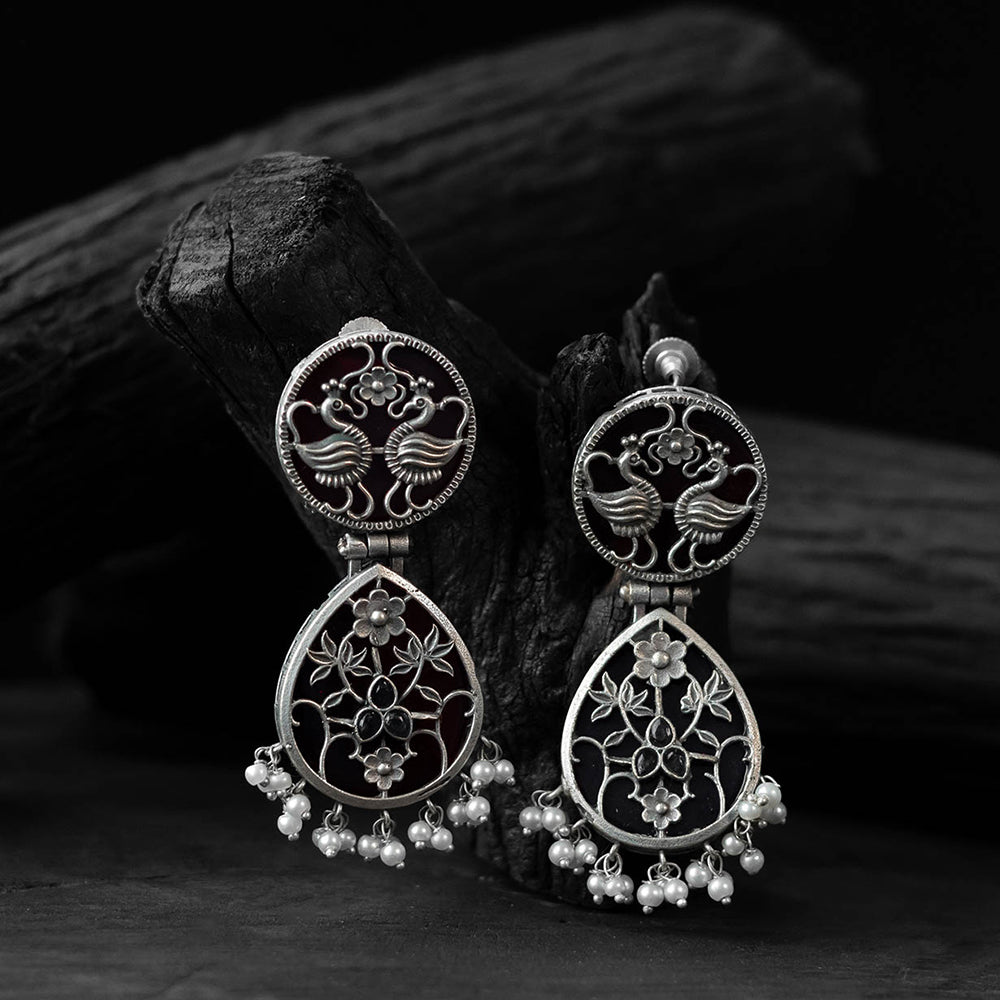 Black - saanjh bela flower peacock oxidised earrings