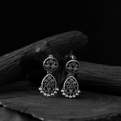 Black - saanjh bela flower peacock oxidised earrings
