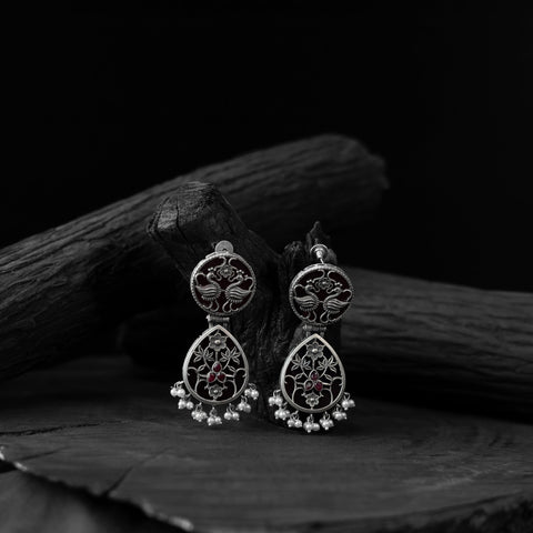 Black - saanjh bela flower peacock oxidised earrings