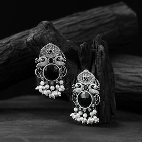 Black - saanjh bela flower & peacock oxidised earrings