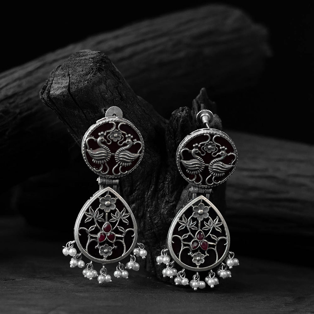 Black - saanjh bela flower peacock oxidised earrings