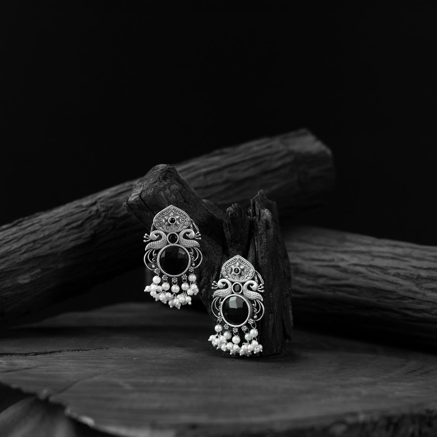 Black - saanjh bela flower & peacock oxidised earrings
