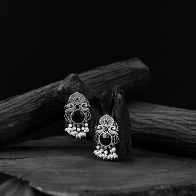 Black - saanjh bela flower & peacock oxidised earrings