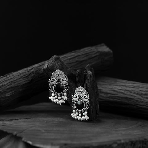 Black - saanjh bela flower & peacock oxidised earrings