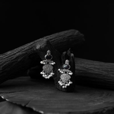 Black - saanjh bela heart oxidised earrings - handcrafted