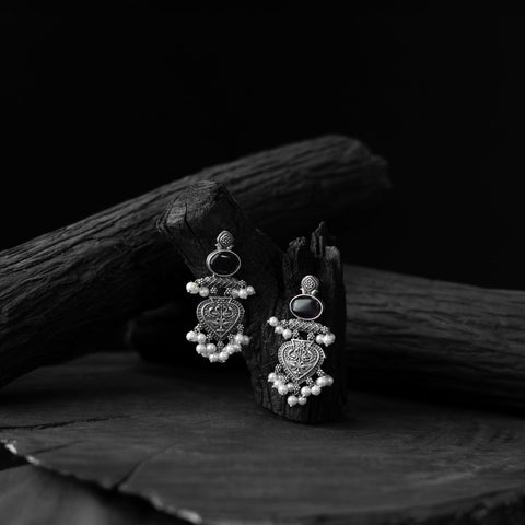 Black - saanjh bela heart oxidised earrings - handcrafted