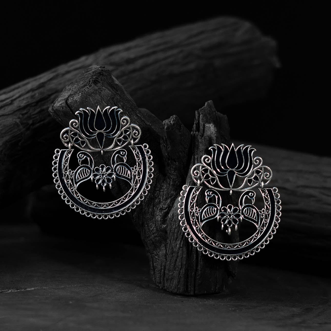 Black - saanjh bela lotus oxidised earrings - handcrafted
