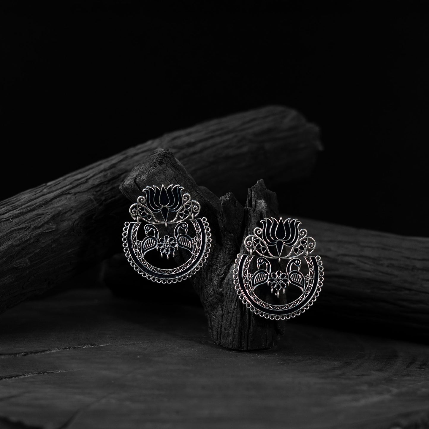 Black - saanjh bela lotus oxidised earrings - handcrafted
