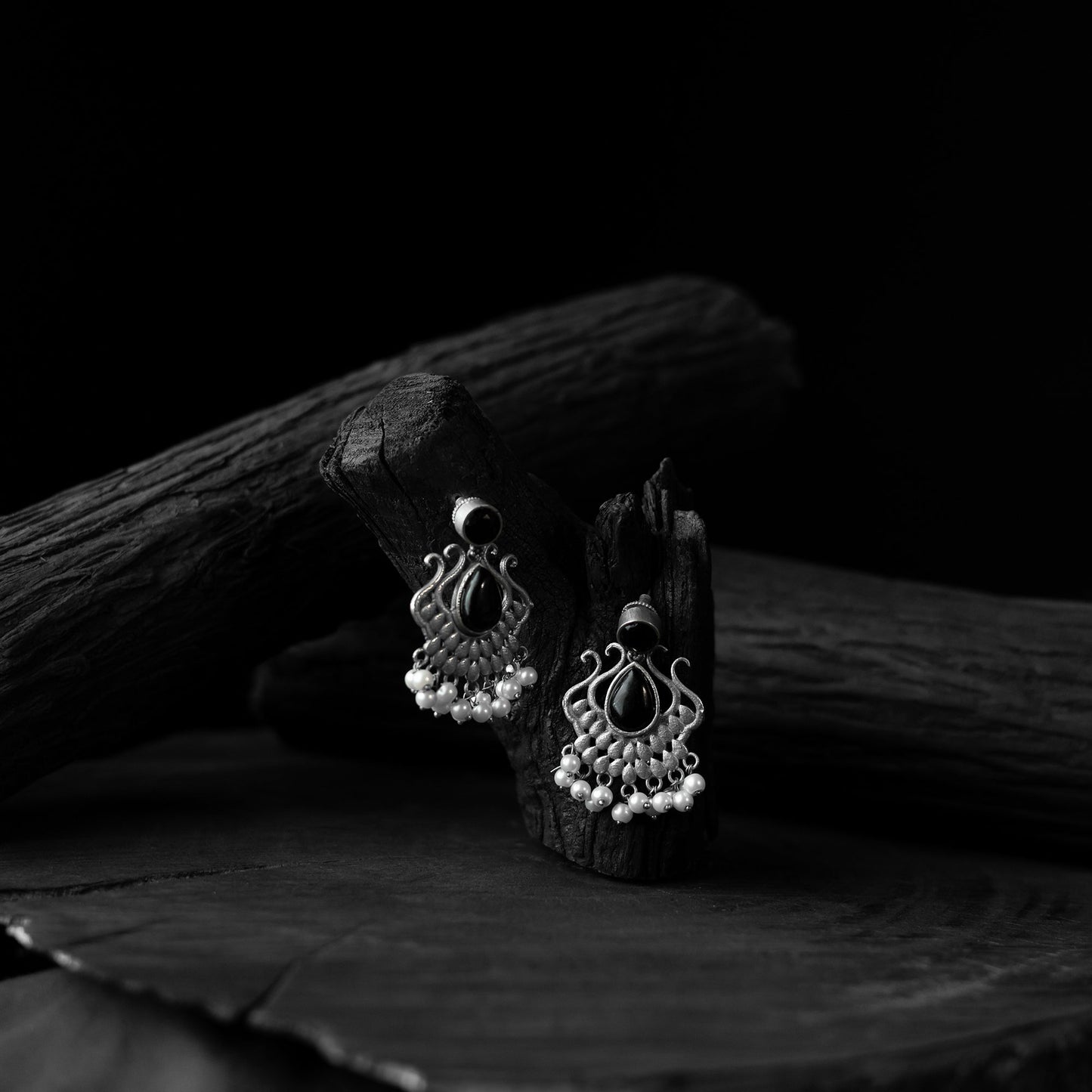 Black - saanjh bela lotus oxidised earrings - handcrafted