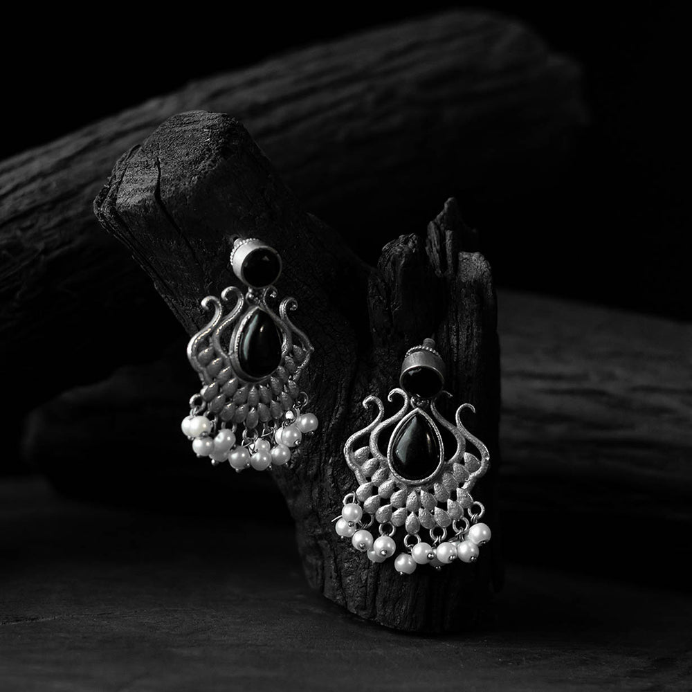 Black - saanjh bela lotus oxidised earrings - handcrafted