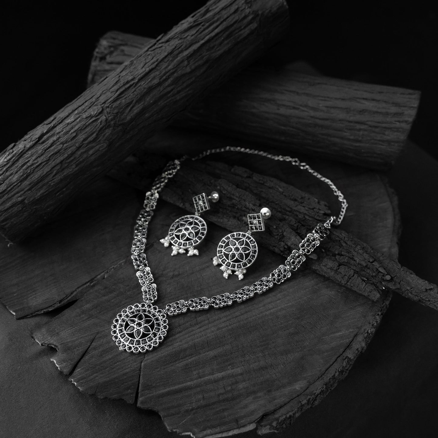 Black - saanjh bela lotus oxidised necklace set