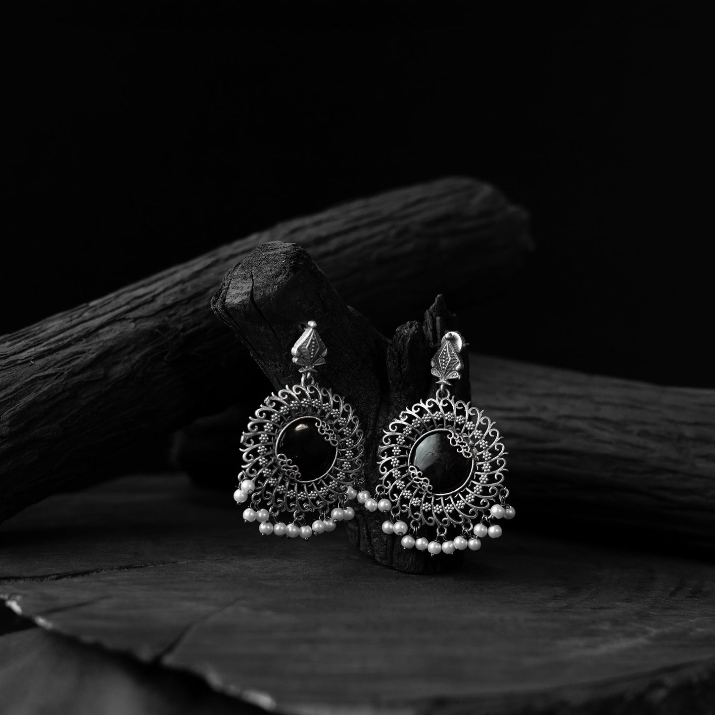 Black - saanjh bela mandala oxidised earrings - handcrafted