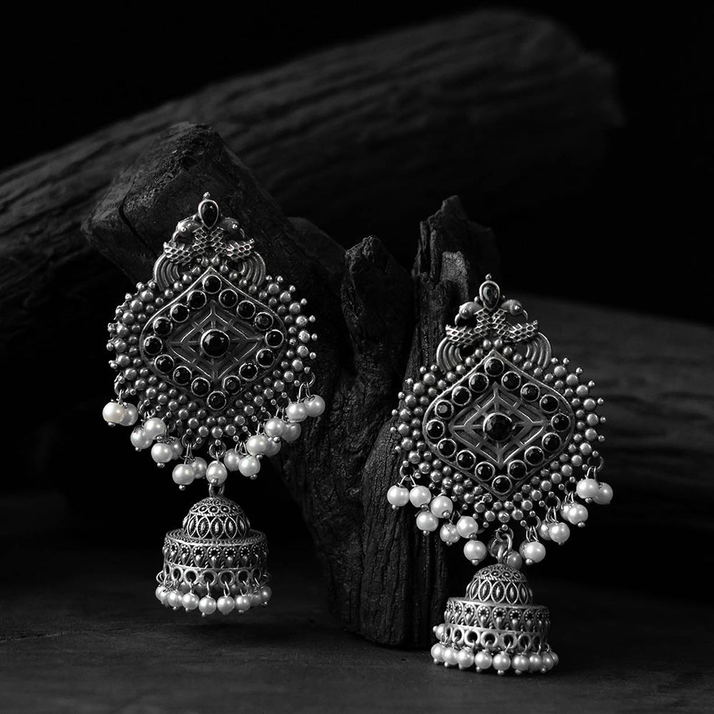 Black - saanjh bela mayur oxidised jhumka earrings