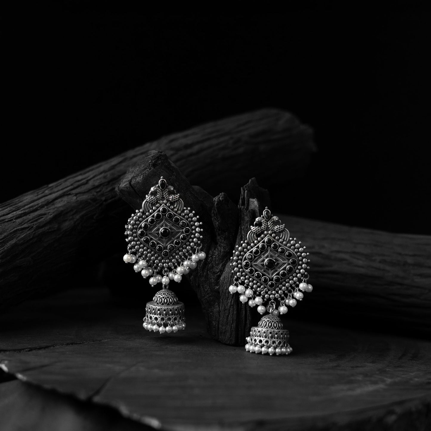 Black - saanjh bela mayur oxidised jhumka earrings