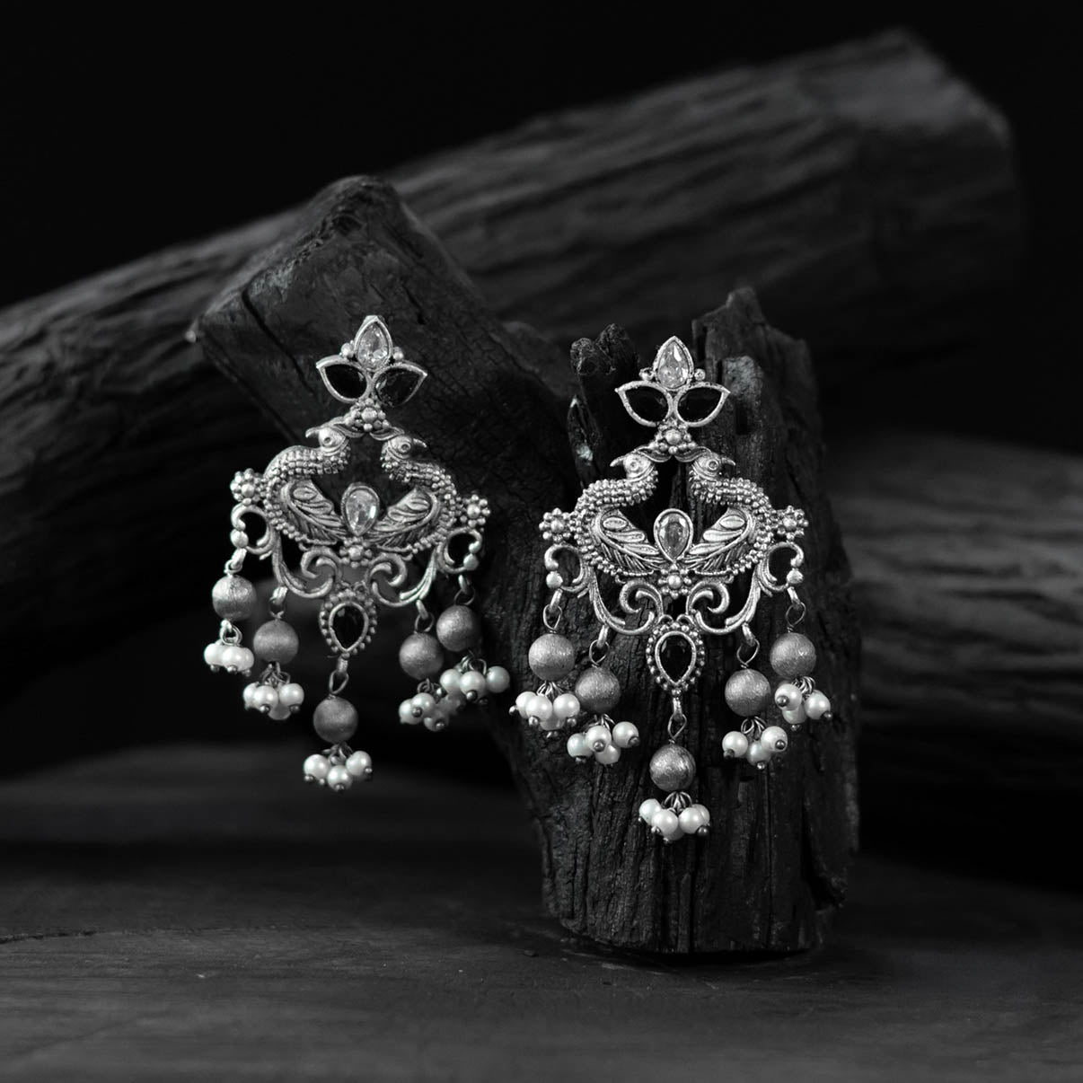 Black - saanjh bela mayura oxidised earrings - handcrafted