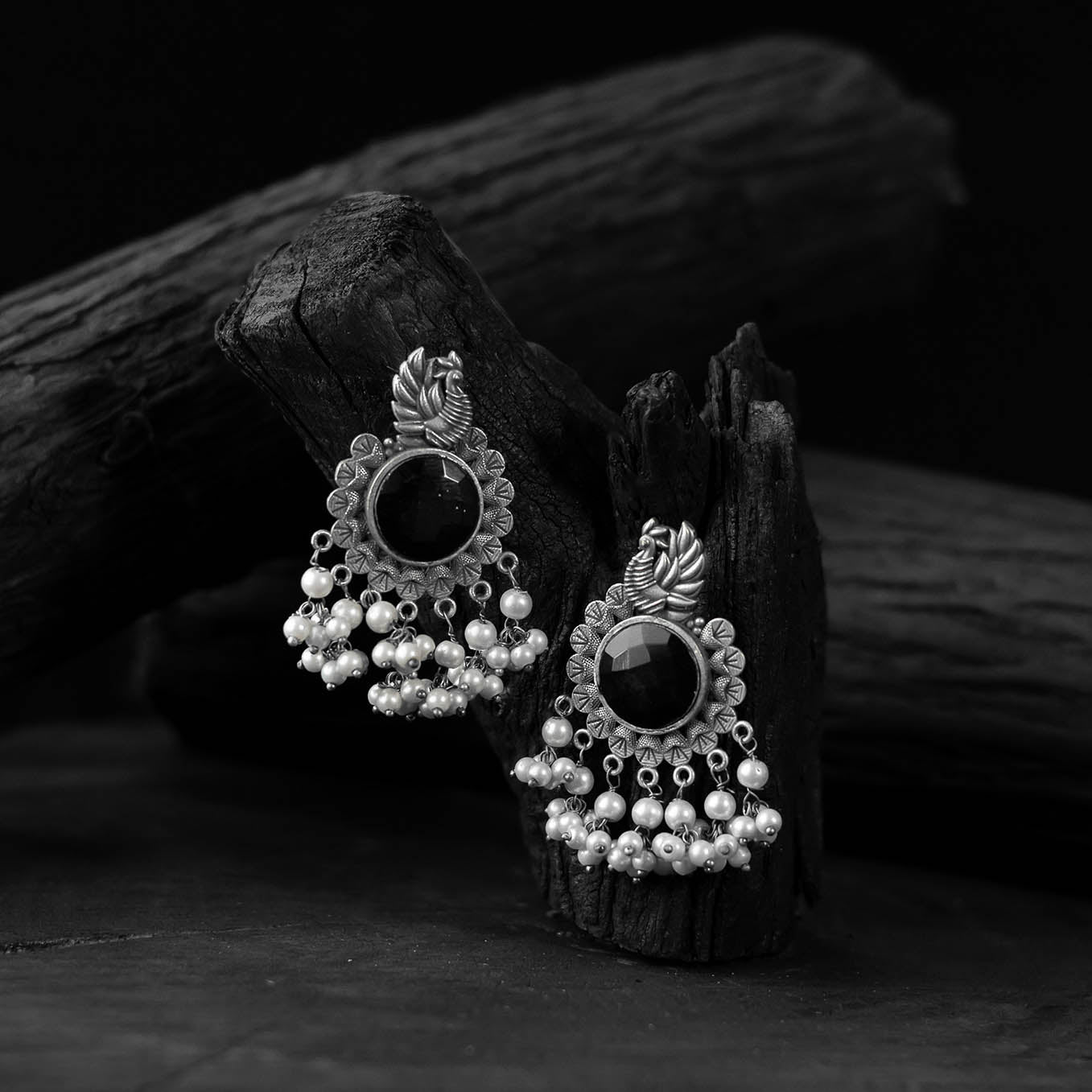 Black - saanjh bela mayura oxidised earrings - handcrafted