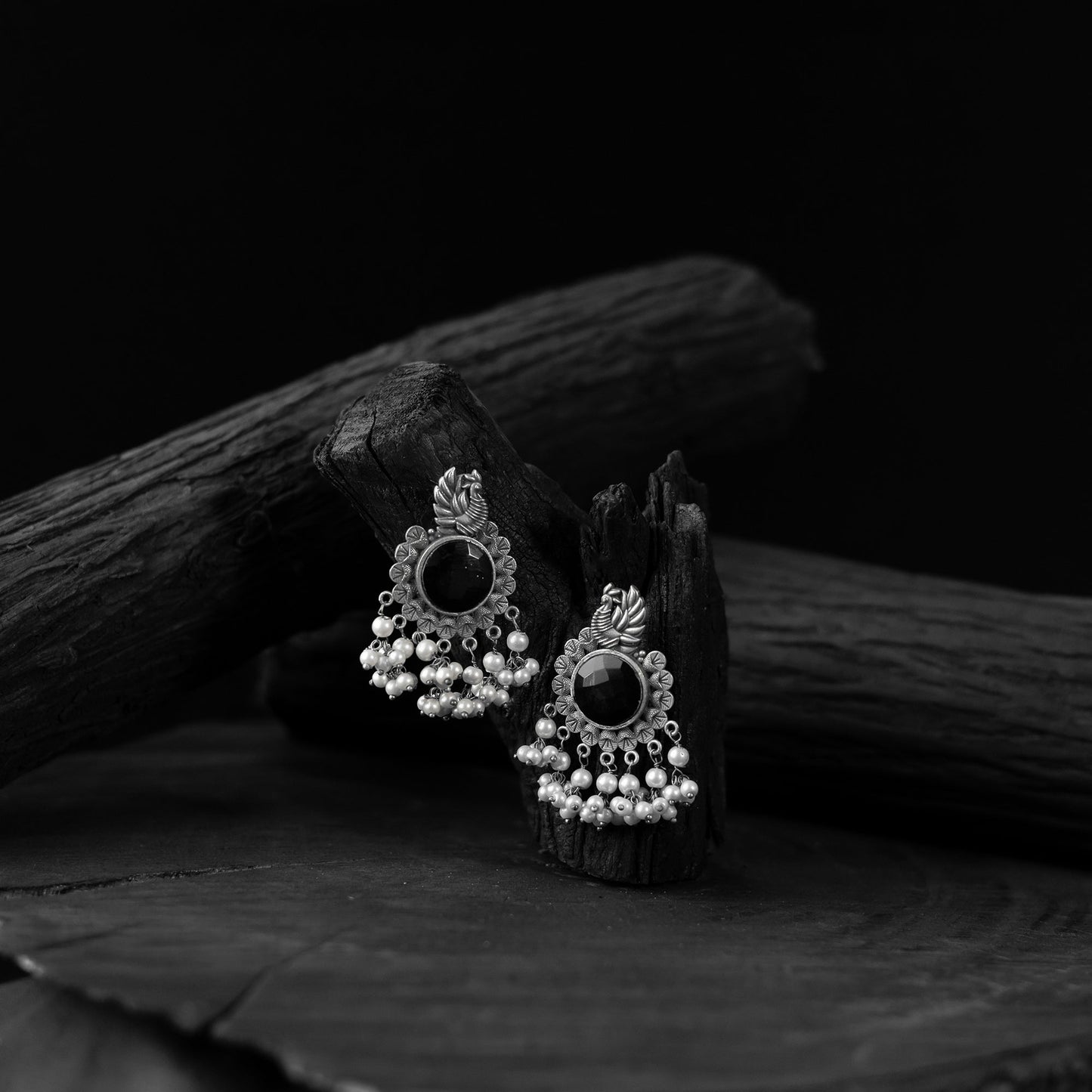 Black - saanjh bela mayura oxidised earrings - handcrafted