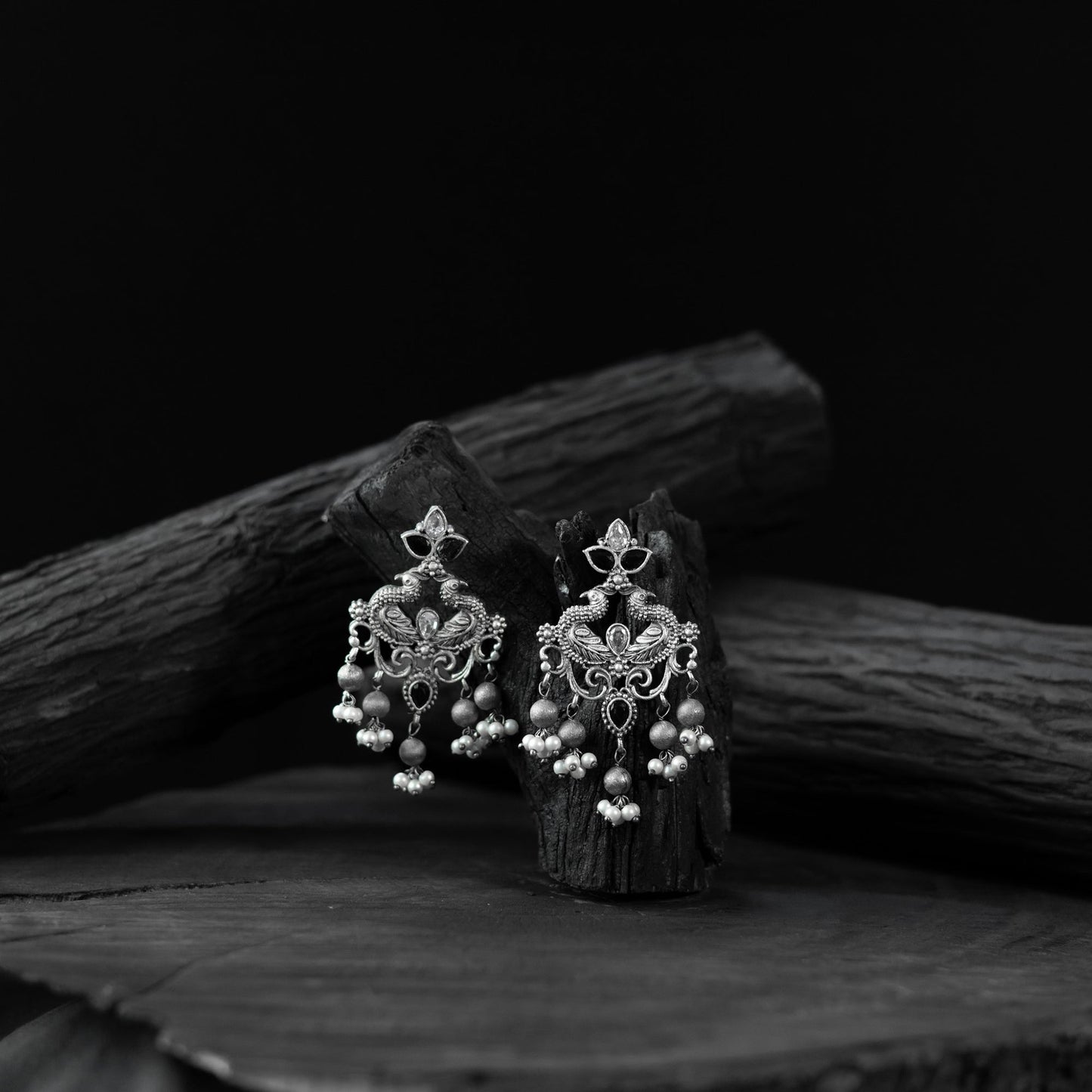 Black - saanjh bela mayura oxidised earrings - handcrafted