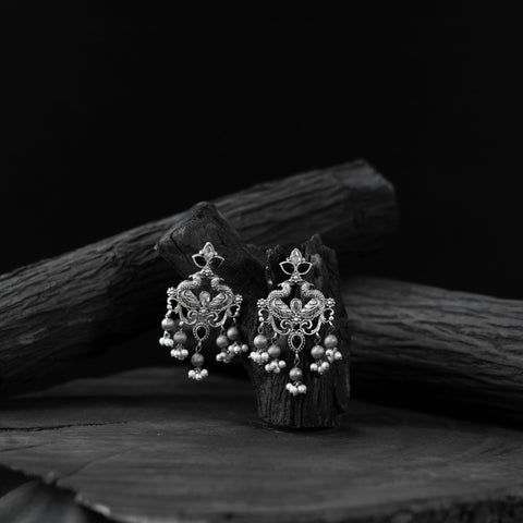 Black - saanjh bela mayura oxidised earrings - handcrafted