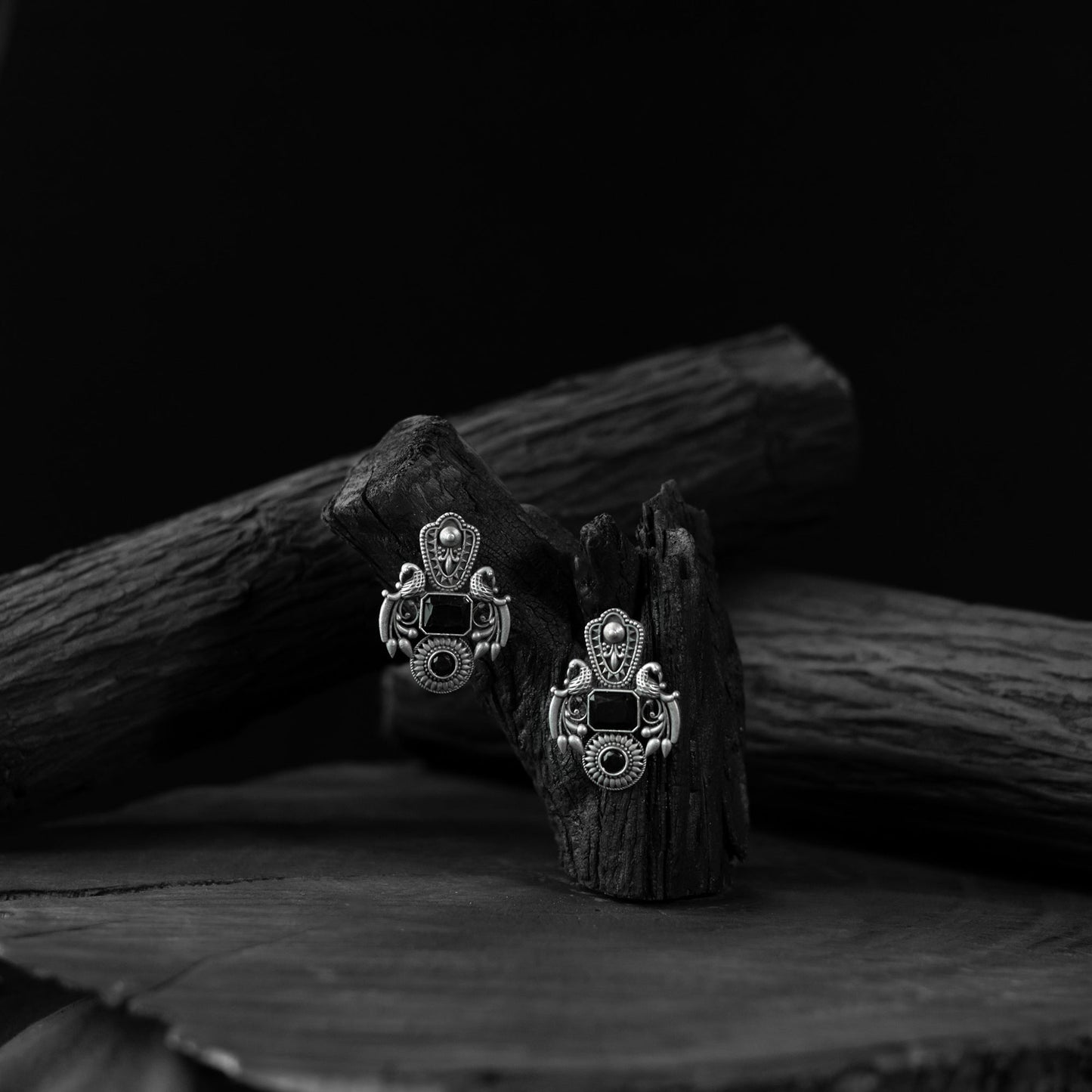 Black - saanjh bela mayuri oxidised earrings - handcrafted
