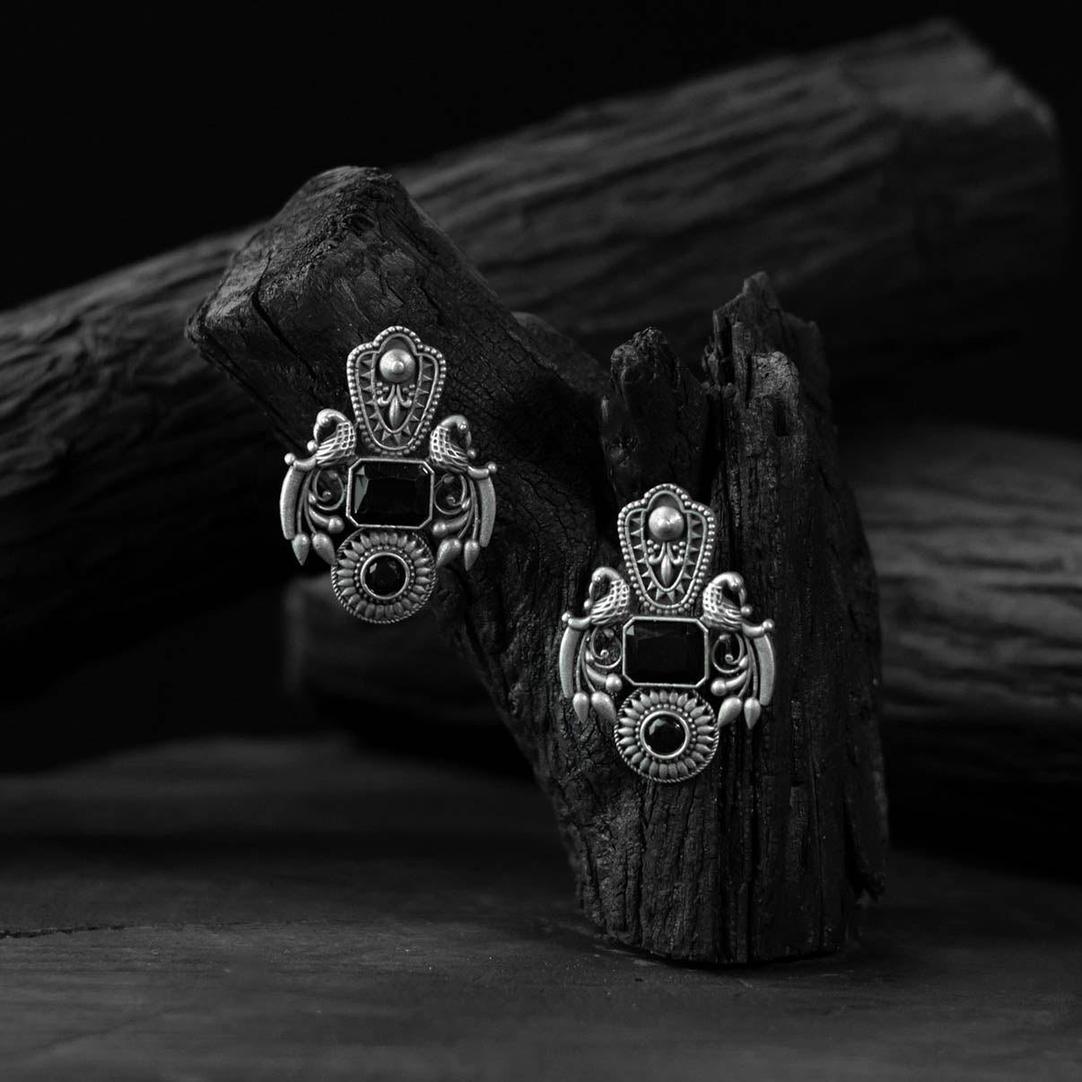 Black - saanjh bela mayuri oxidised earrings - handcrafted