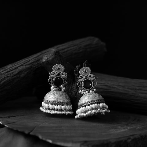 Black - saanjh bela mayuri oxidised jhumka earrings