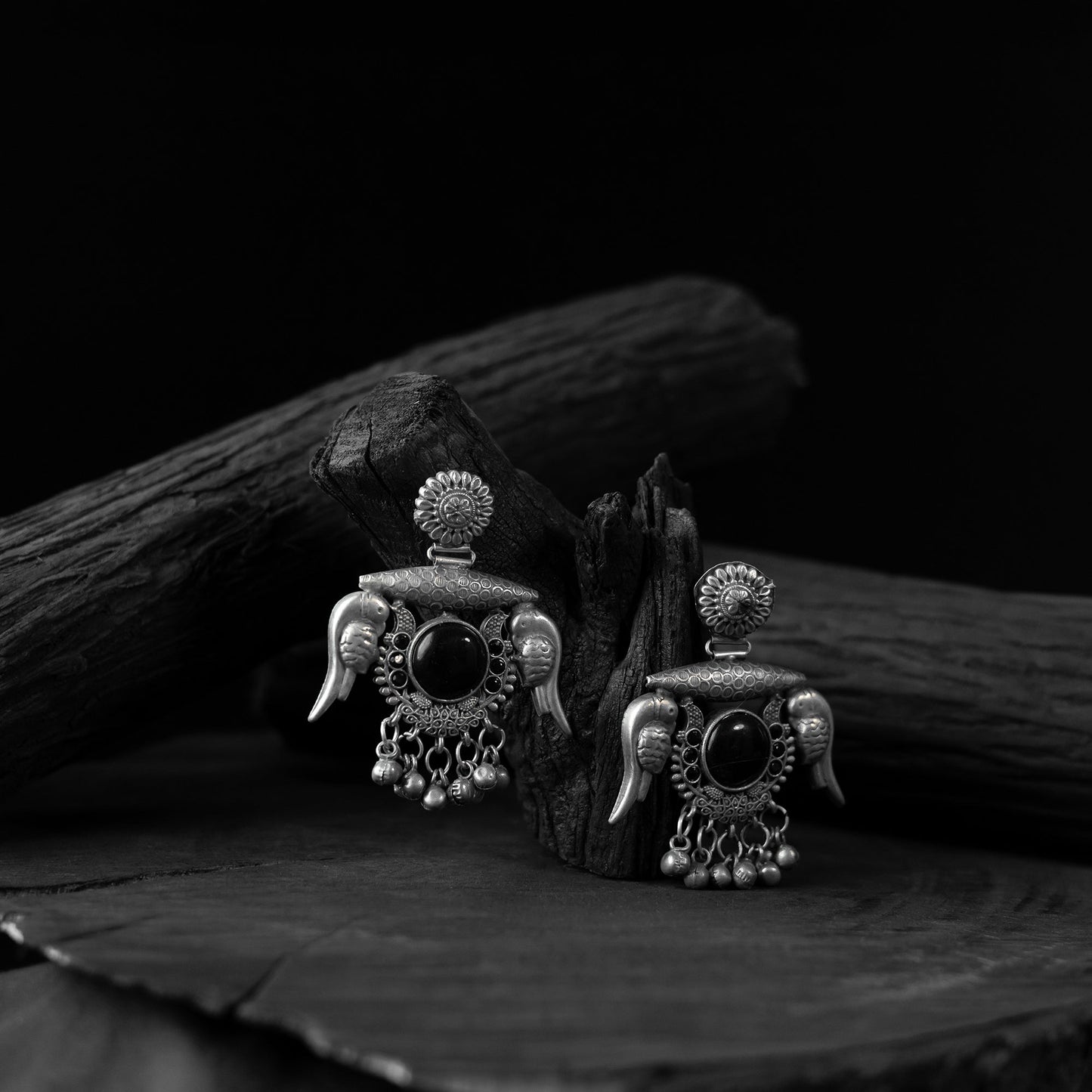 Black - saanjh bela parrot & bloom oxidised earrings