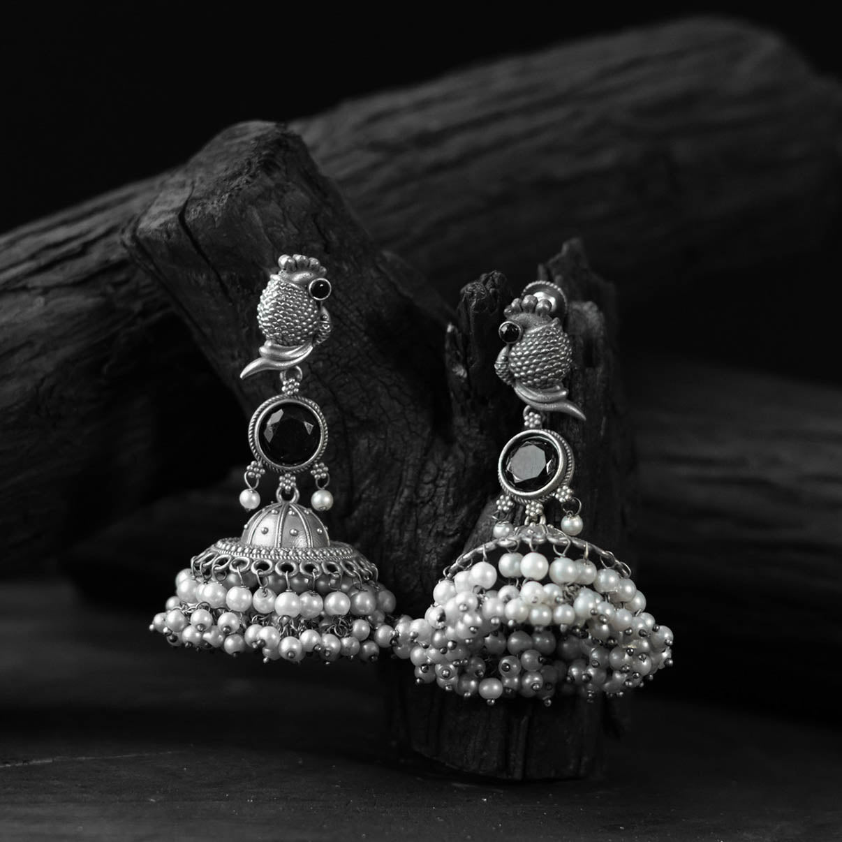 Black - saanjh bela peacock oxidised earrings - handcrafted