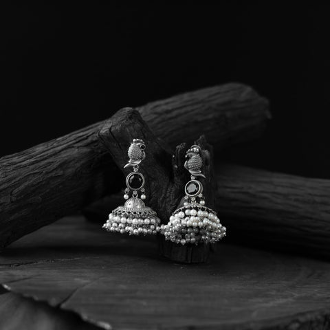 Black - saanjh bela peacock oxidised earrings - handcrafted