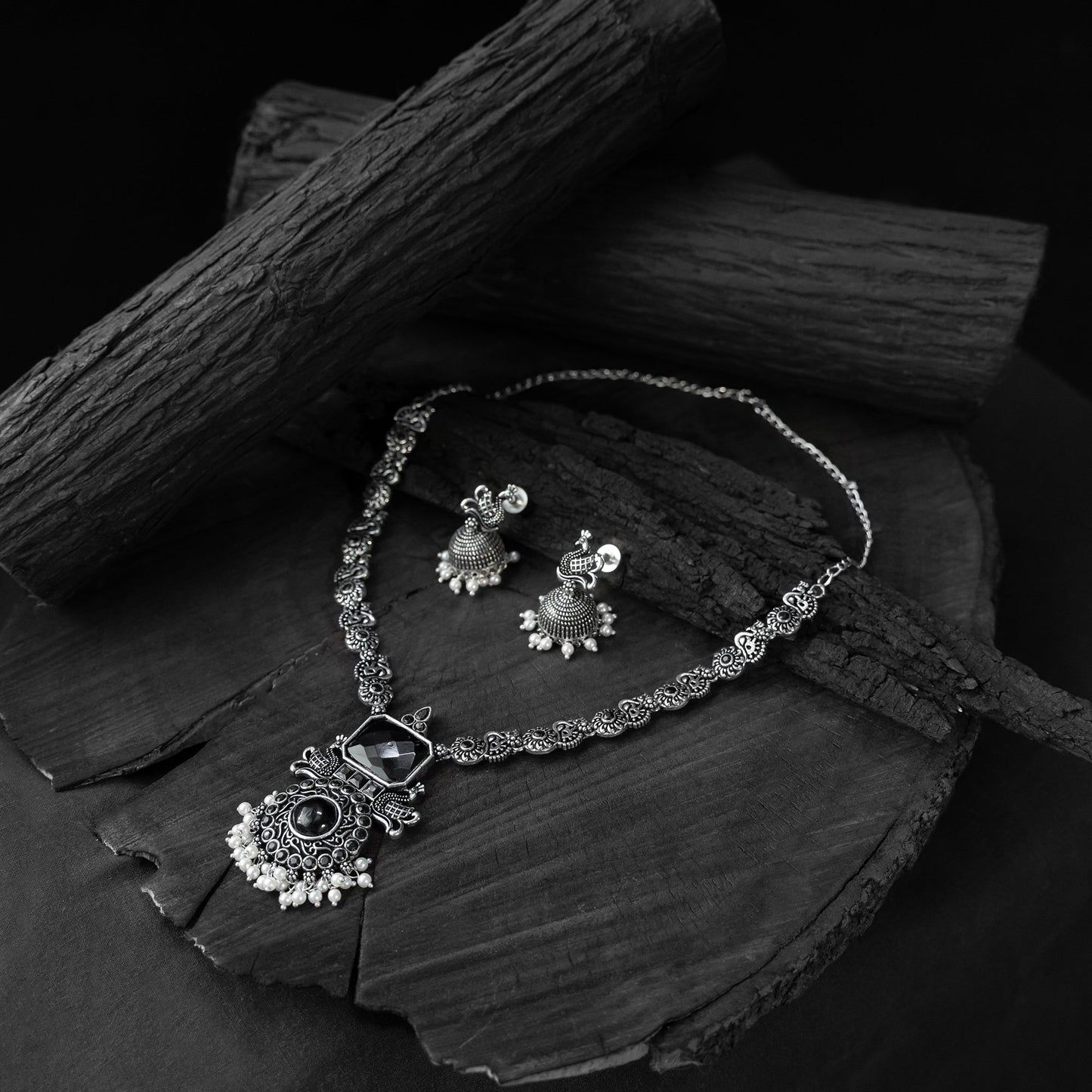 Black - saanjh bela peacock oxidised necklace set