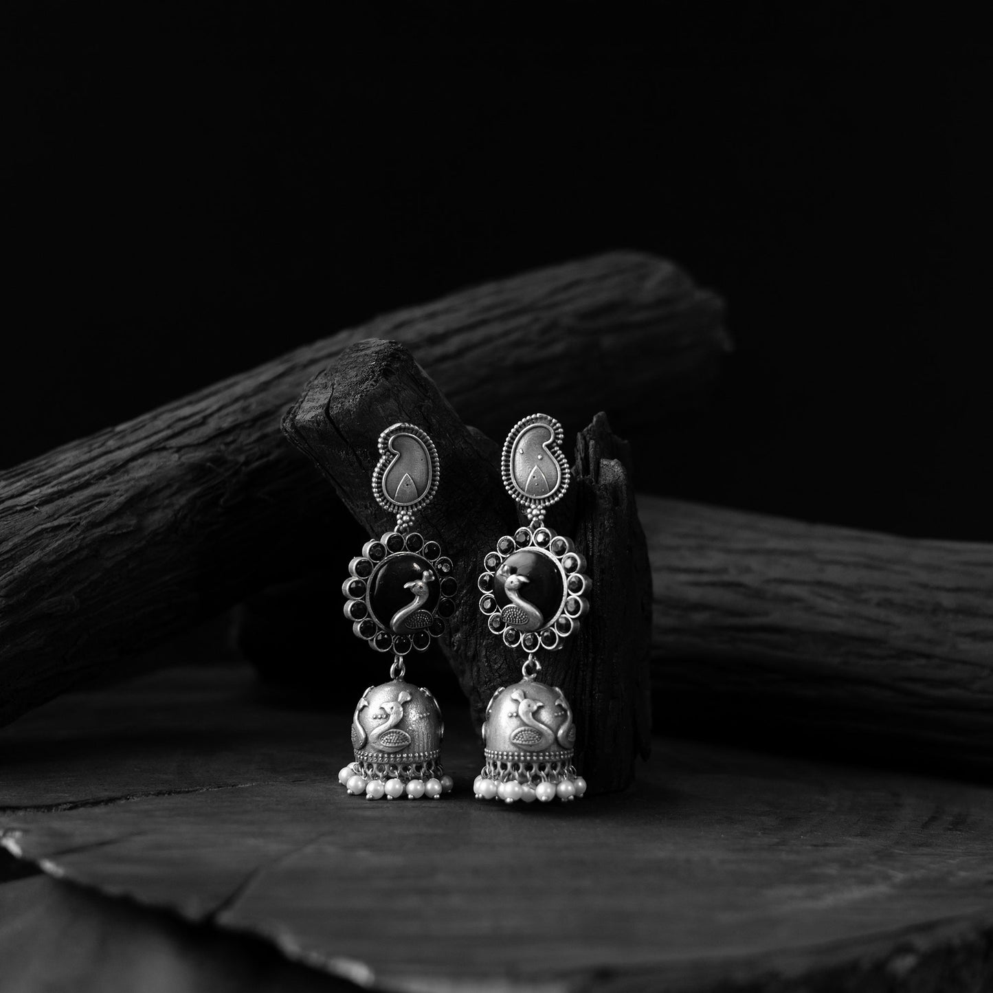 Black - saanjh bela peacock & paisley oxidised jhumka