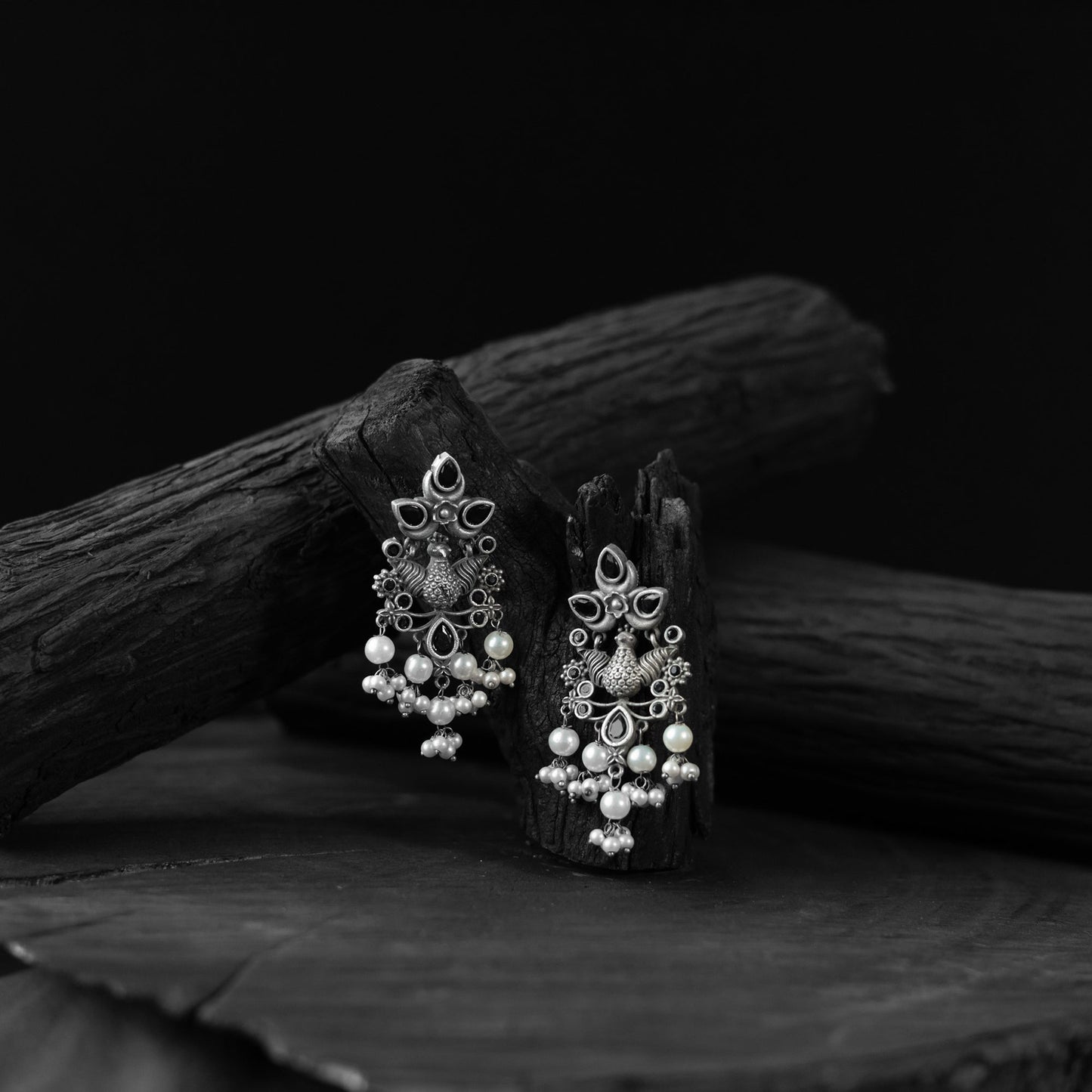 Black - saanjh bela peacock pearls oxidised earrings