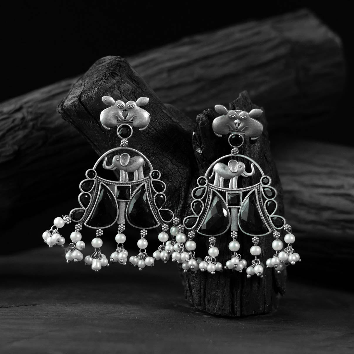 Black - saanjh bela rabbit & elephant oxidised earrings