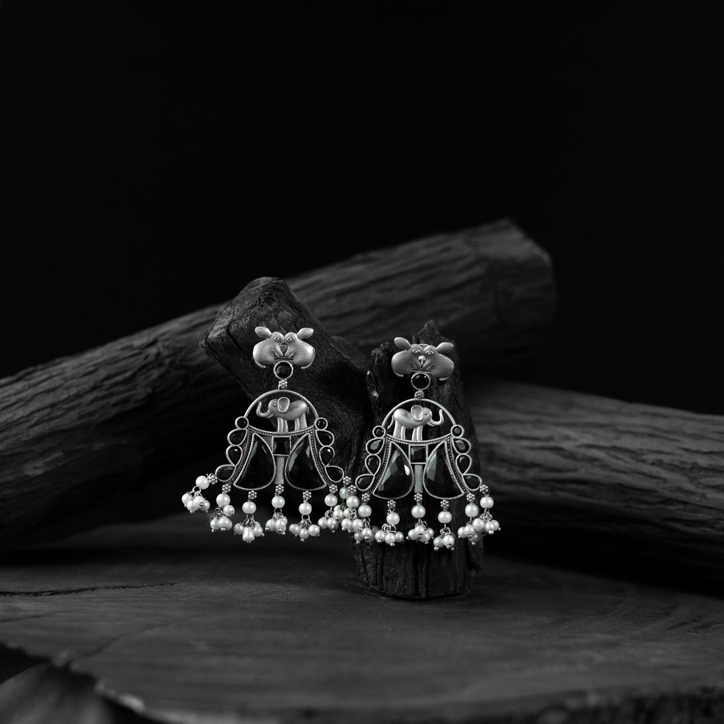 Black - saanjh bela rabbit & elephant oxidised earrings
