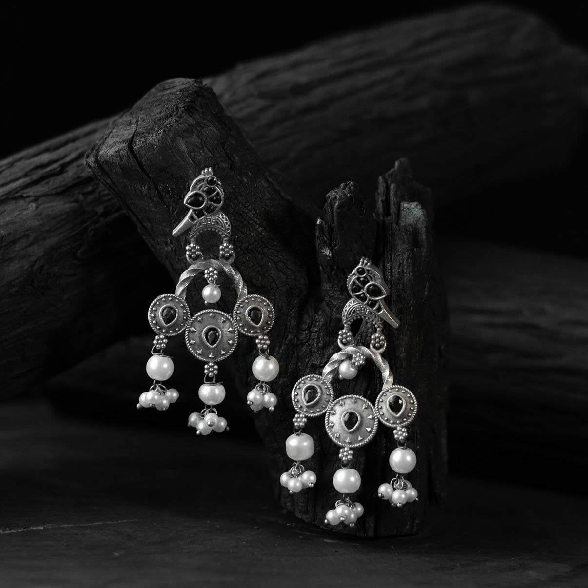 Black - saanjh bela sparrow oxidised earrings - handcrafted