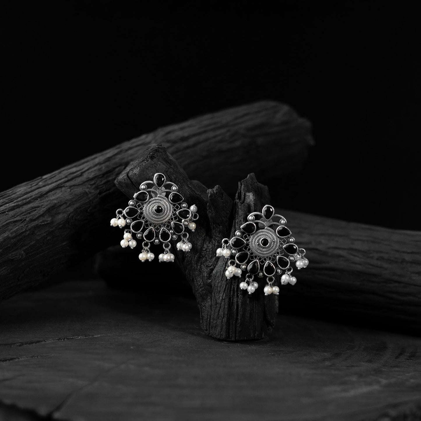 Black - saanjh bela stone oxidised earrings - handcrafted