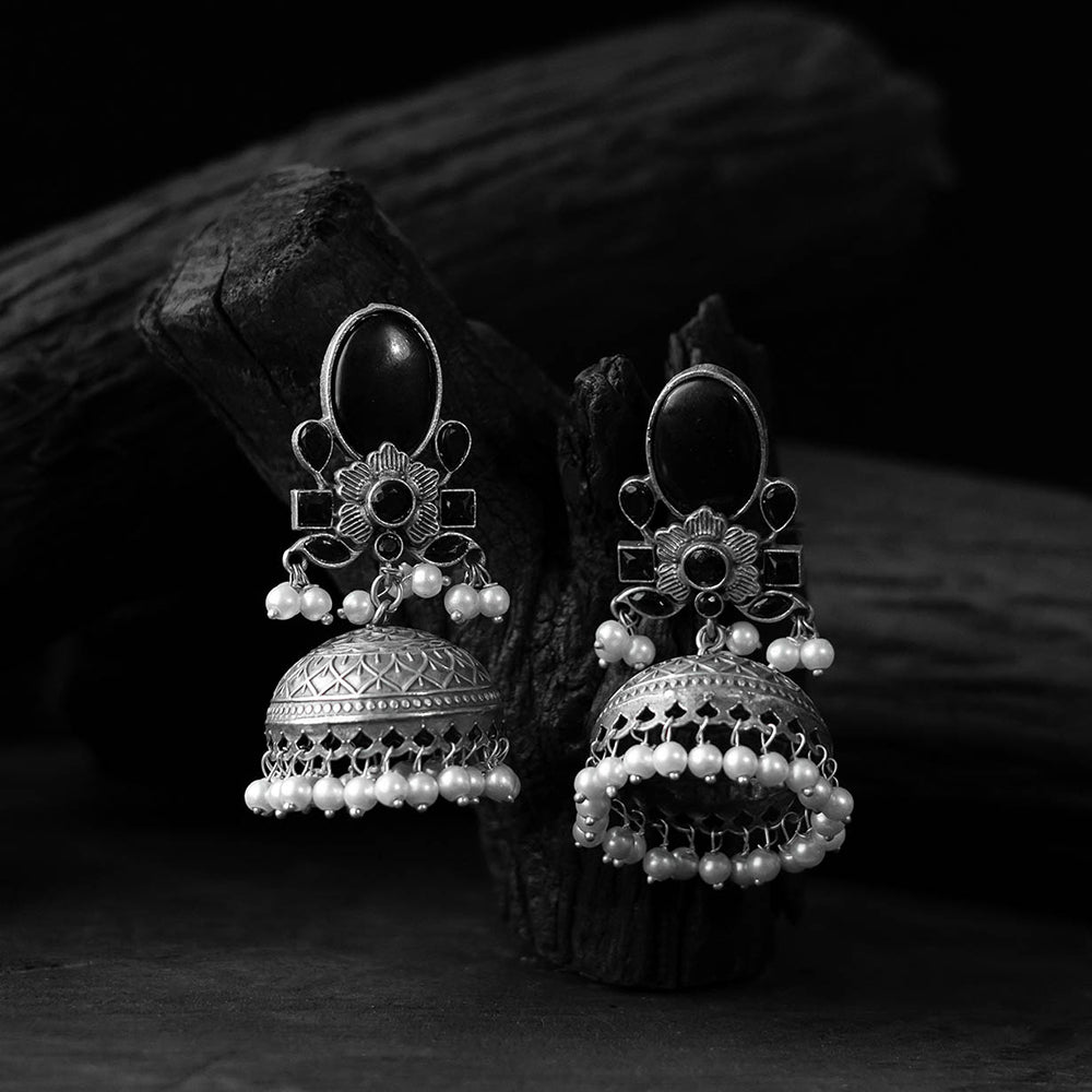 Black - saanjh bela stone oxidised jhumka earrings