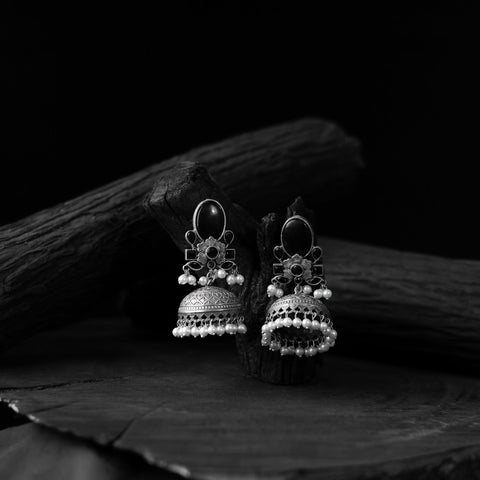 Black - saanjh bela stone oxidised jhumka earrings