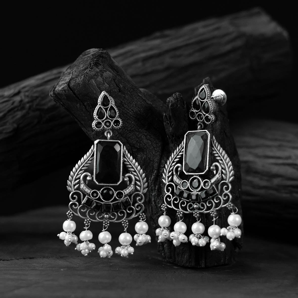 Black - saanjh bela swan oxidised earrings - handcrafted