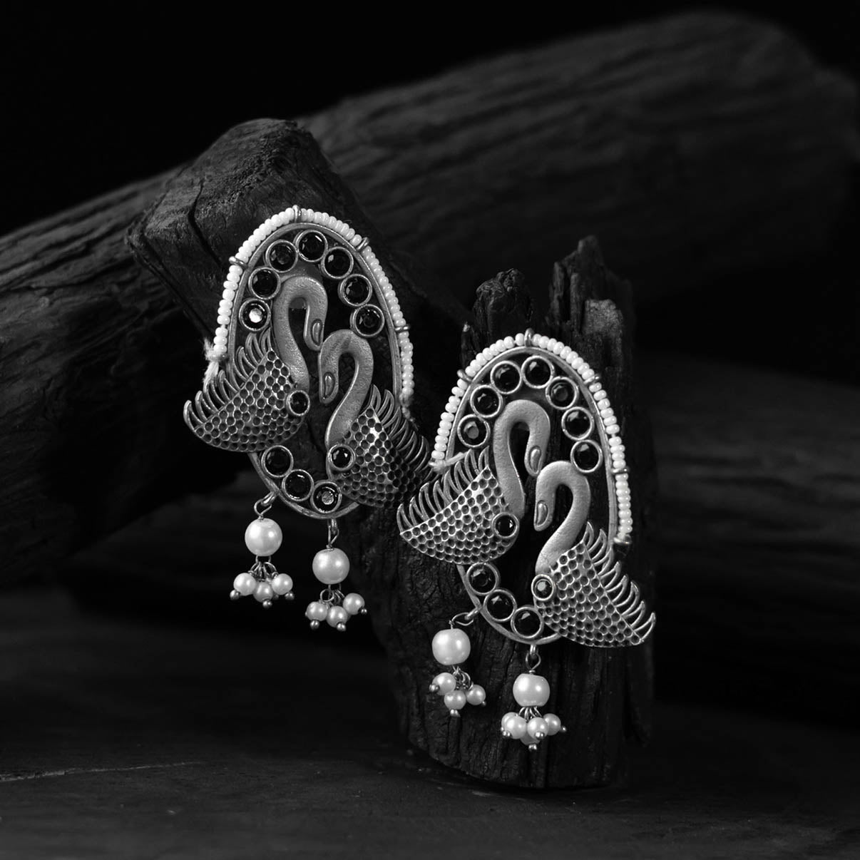 Black - saanjh bela twin swan oxidised earrings