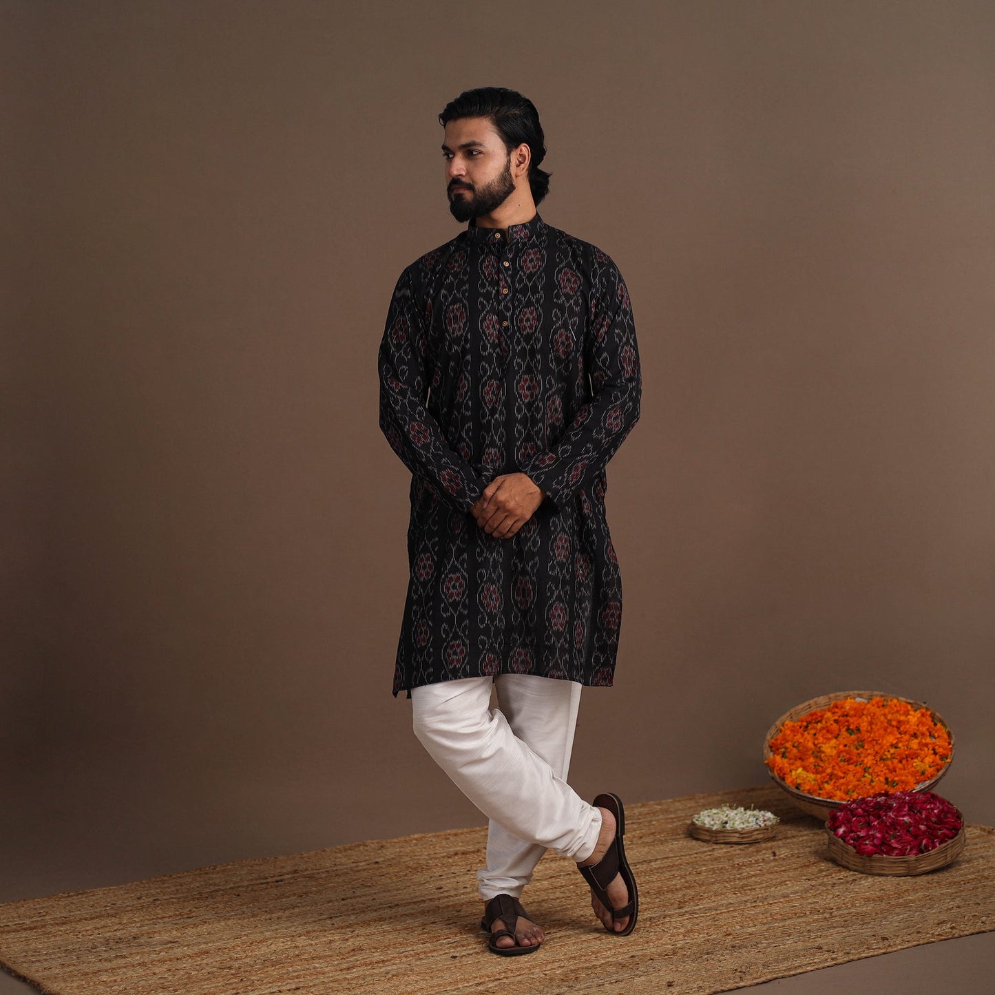 Black - sambalpuri ikat weave cotton men long kurta 02