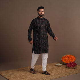Black - sambalpuri ikat weave cotton men long kurta 02