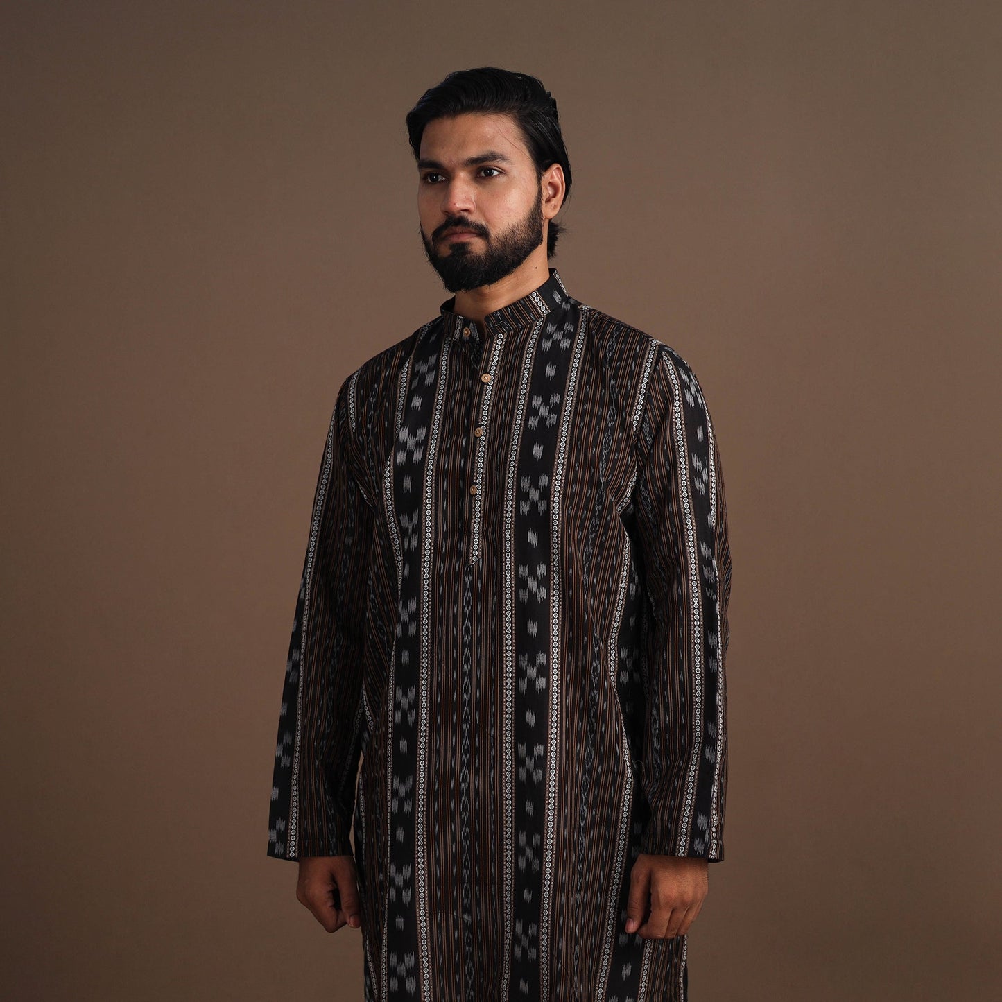 Black Sambalpuri Ikat Weave Cotton Men Long Kurta