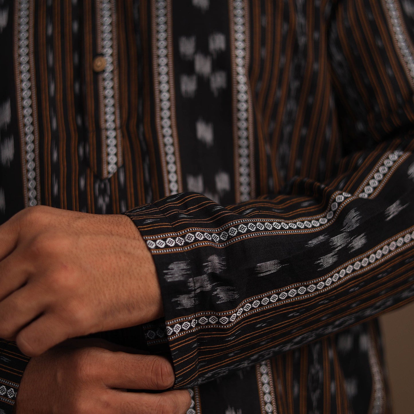 Black Sambalpuri Ikat Weave Cotton Men Long Kurta