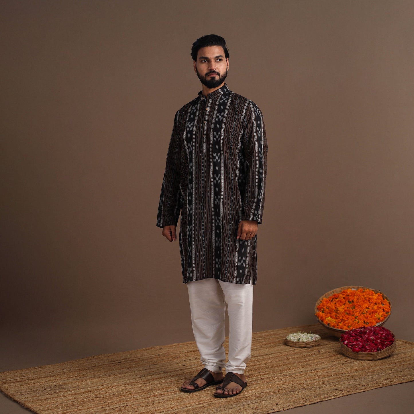 Black Sambalpuri Ikat Weave Cotton Men Long Kurta