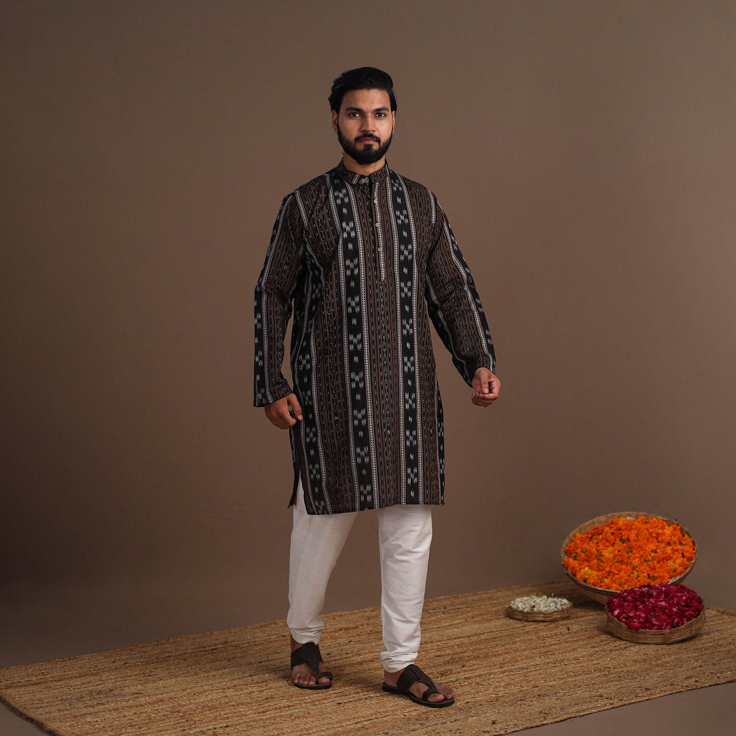 Black Sambalpuri Ikat Weave Cotton Men Long Kurta