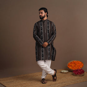 Black Sambalpuri Ikat Weave Cotton Men Long Kurta