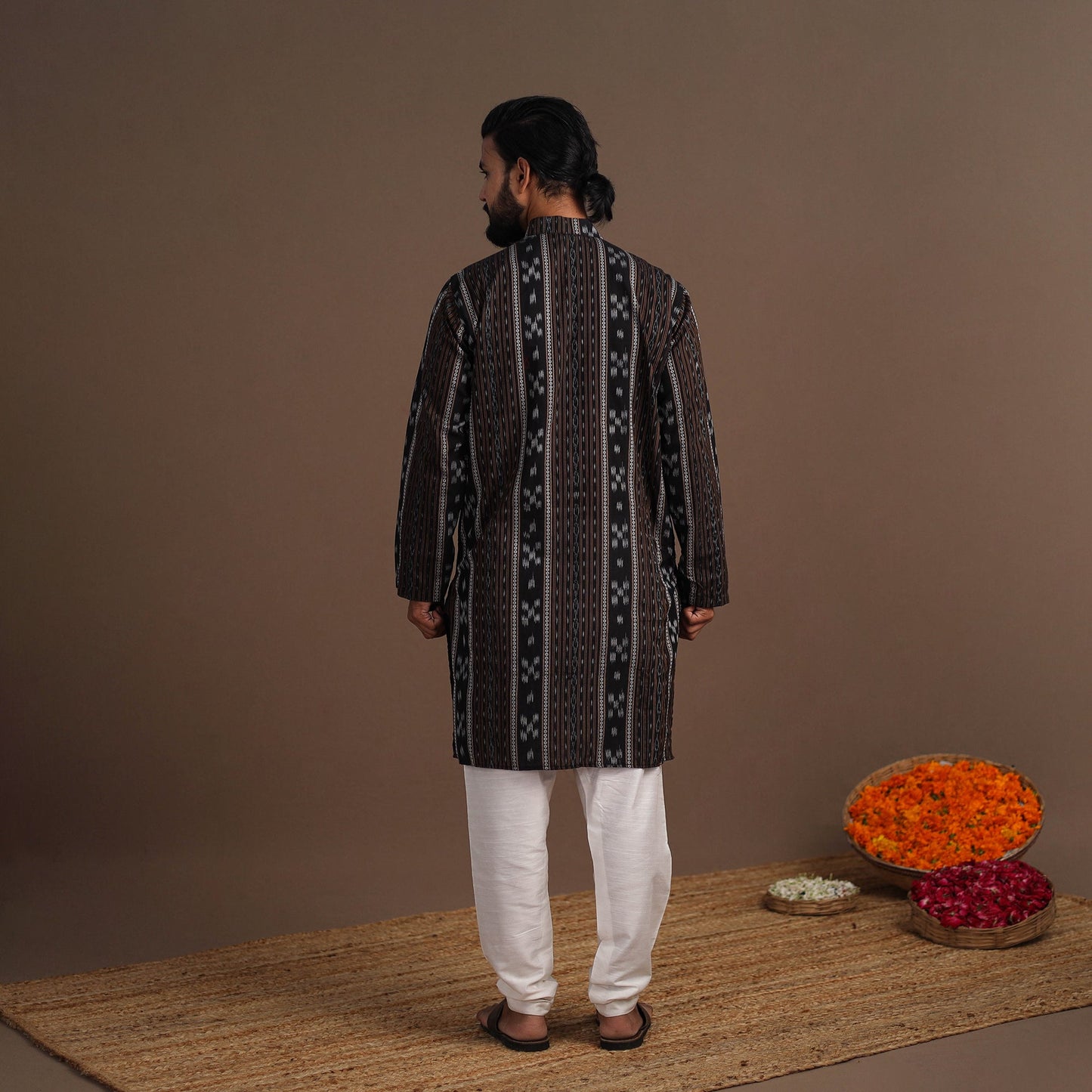 Black Sambalpuri Ikat Weave Cotton Men Long Kurta