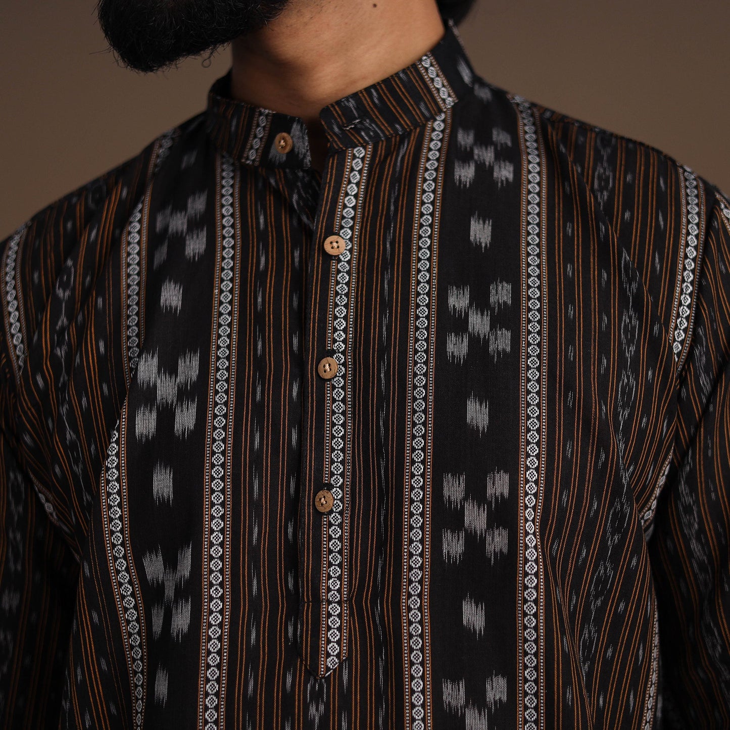 Black Sambalpuri Ikat Weave Cotton Men Long Kurta