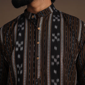 Black Sambalpuri Ikat Weave Cotton Men Long Kurta